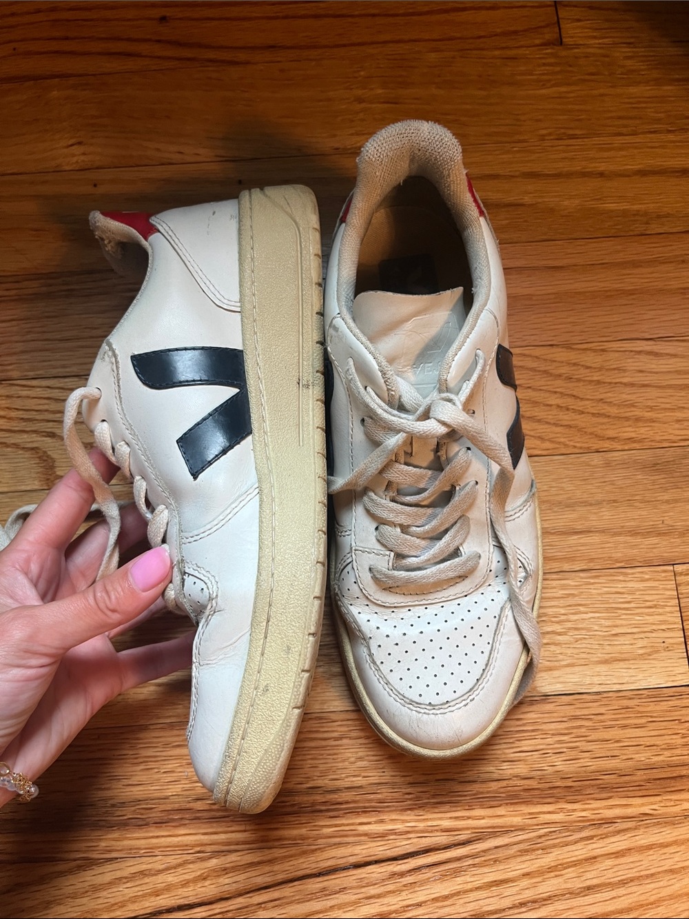 Veja White Leather Sneakers with Black V and Red Heel Tab